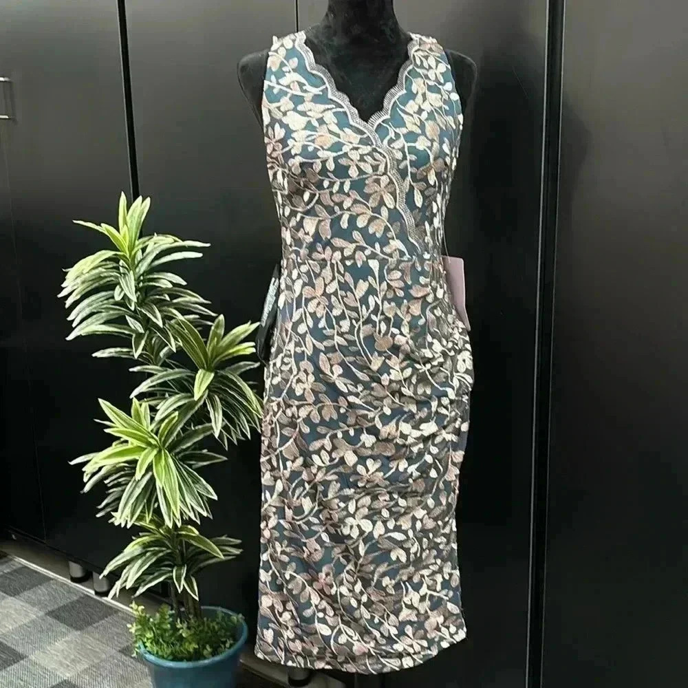 JS Collections Midi v-neck,ruched left side,mesh overlay,mink gold leaf threads